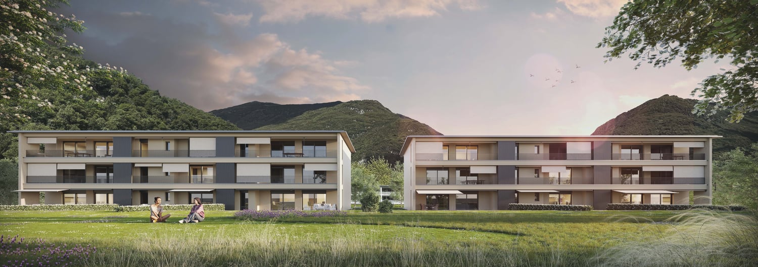 2 apartment buildings, balconies, garden, mountain view