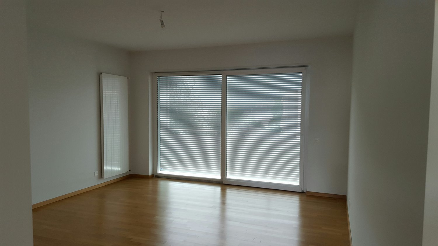 empty room, white walls, wooden floor, large sliding glass doors