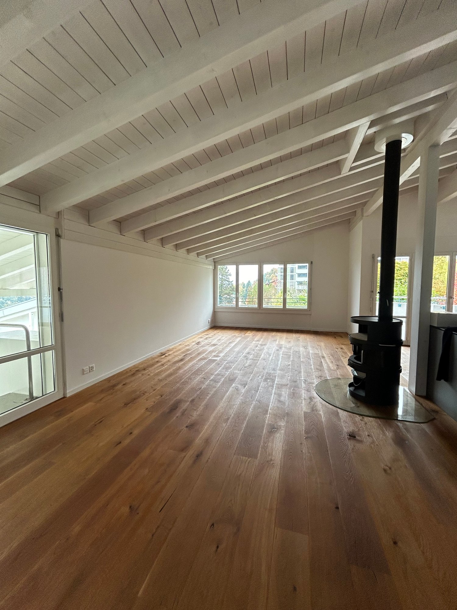 Open room with large windows, wooden floor, fireplace