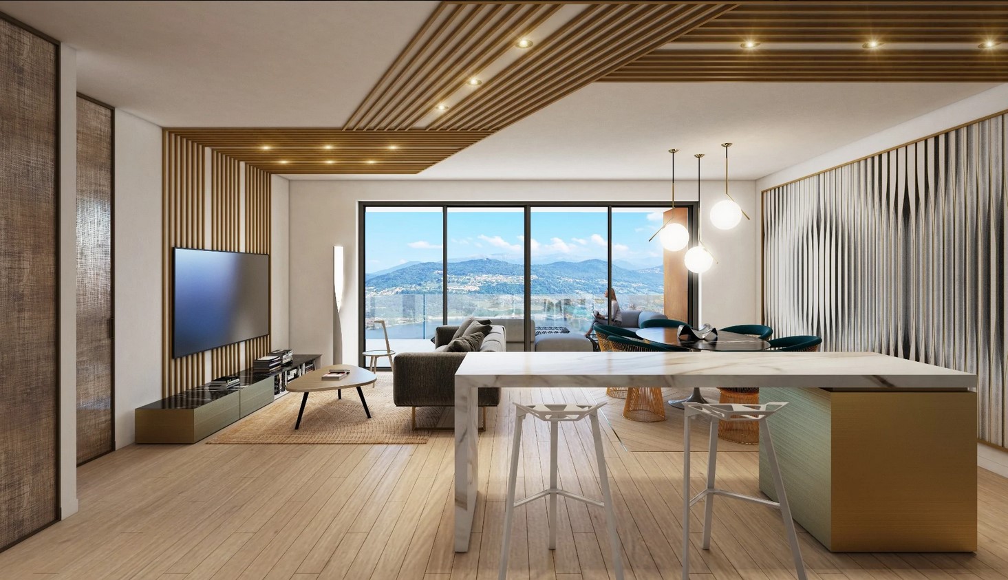 Large windows with views, modern decor, leather sofa, coffee table, television, floor lamp