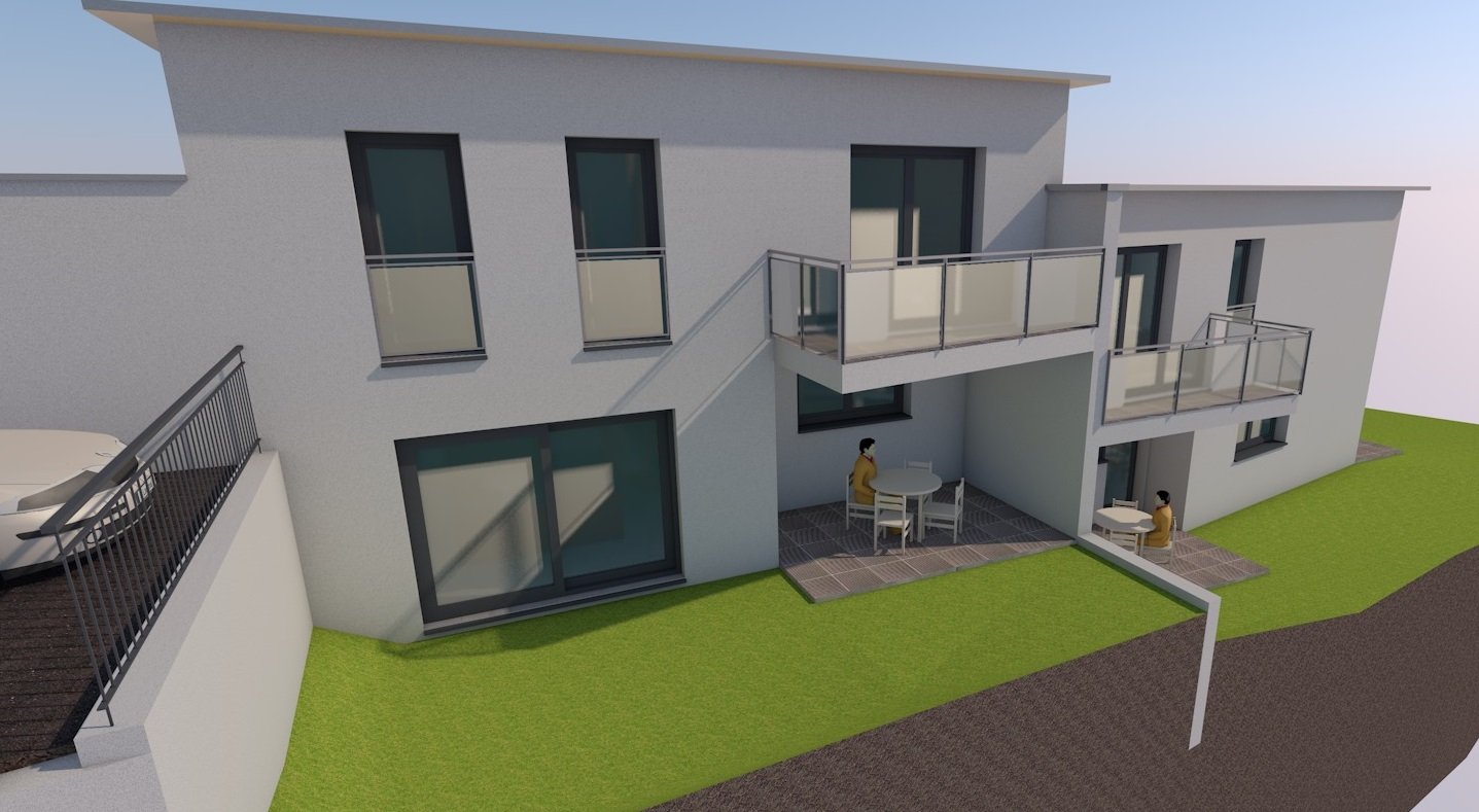 two-story house, white exterior, three balconies, patio with tables and chairs, car parked in driveway