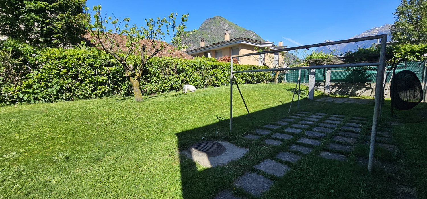 Green lawn, hedges, trees, playground equipment, mountains in the background