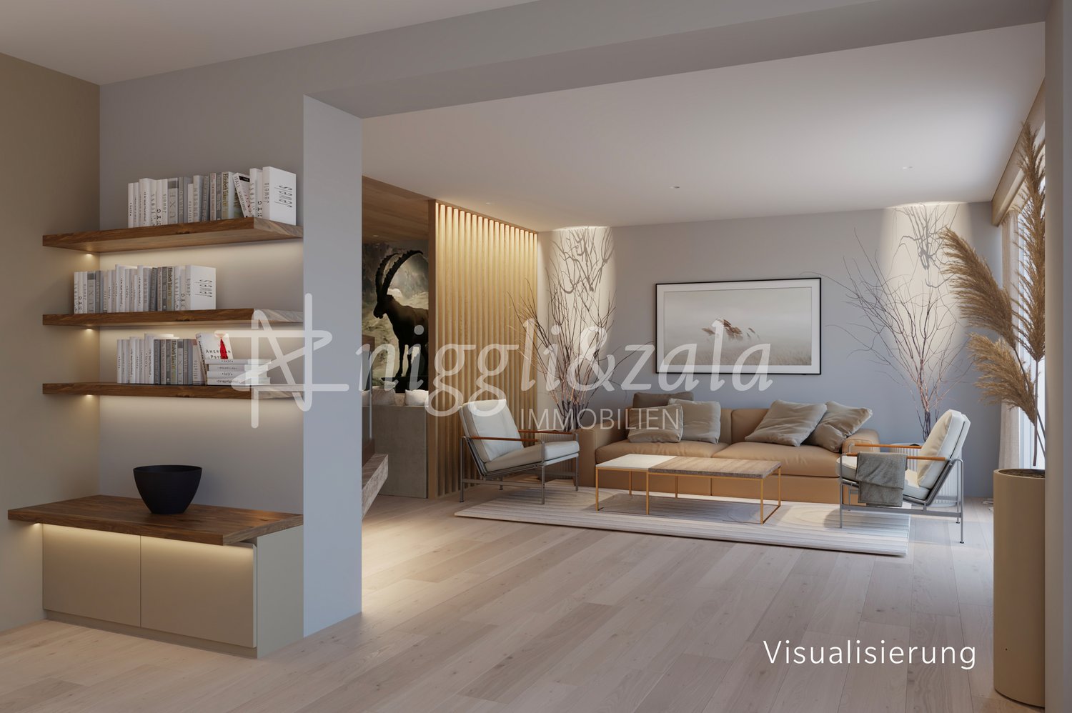 Spacious living room with wooden shelves, wooden floors, beige sofa, coffee table, and a framed artwork on the wall. The room also features a fireplace and decorative elements like plants and vases.