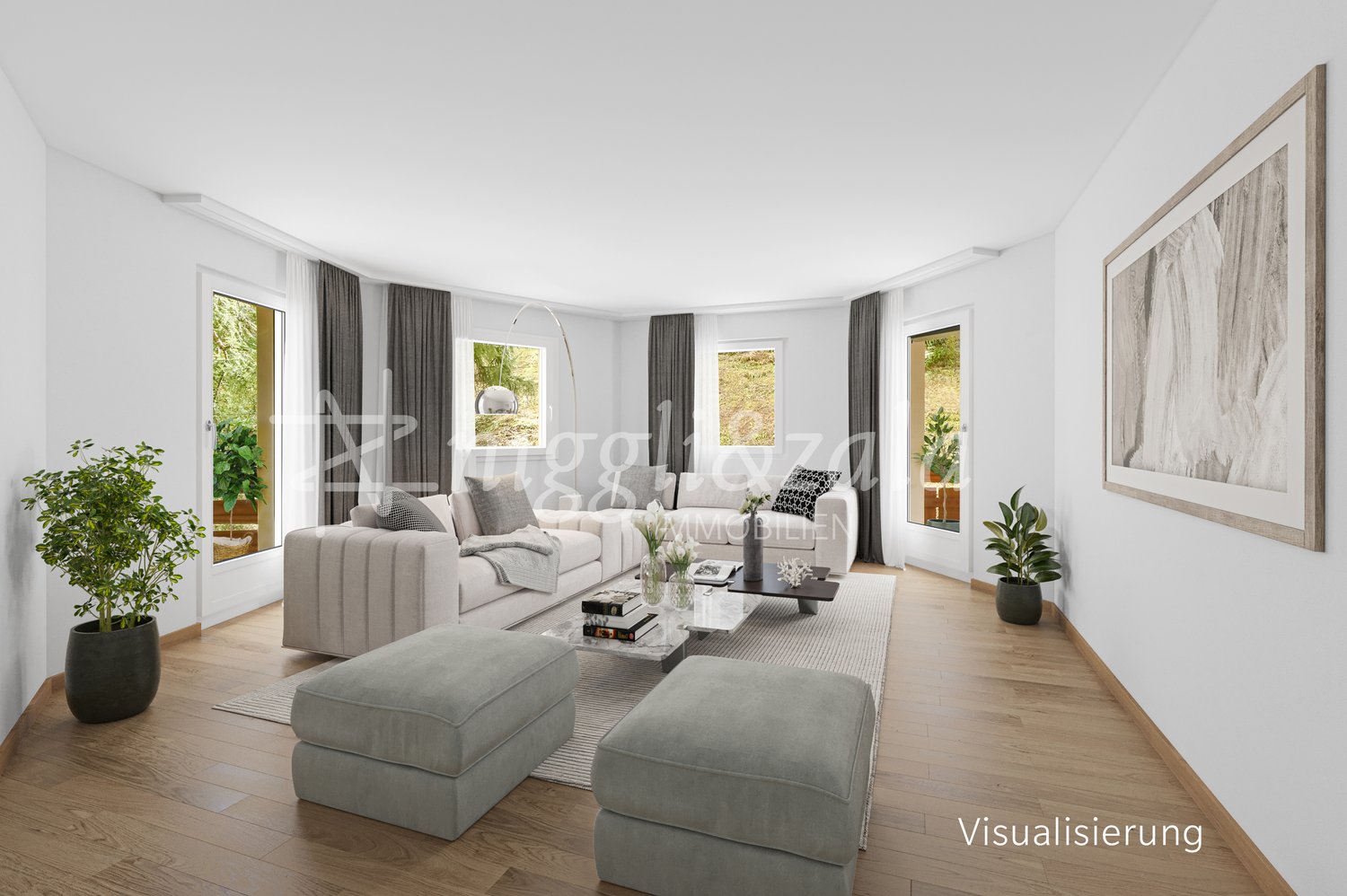 living room with white walls, wooden floor, modern white sofa, coffee table, windows, and glass doors, large paintings on the wall