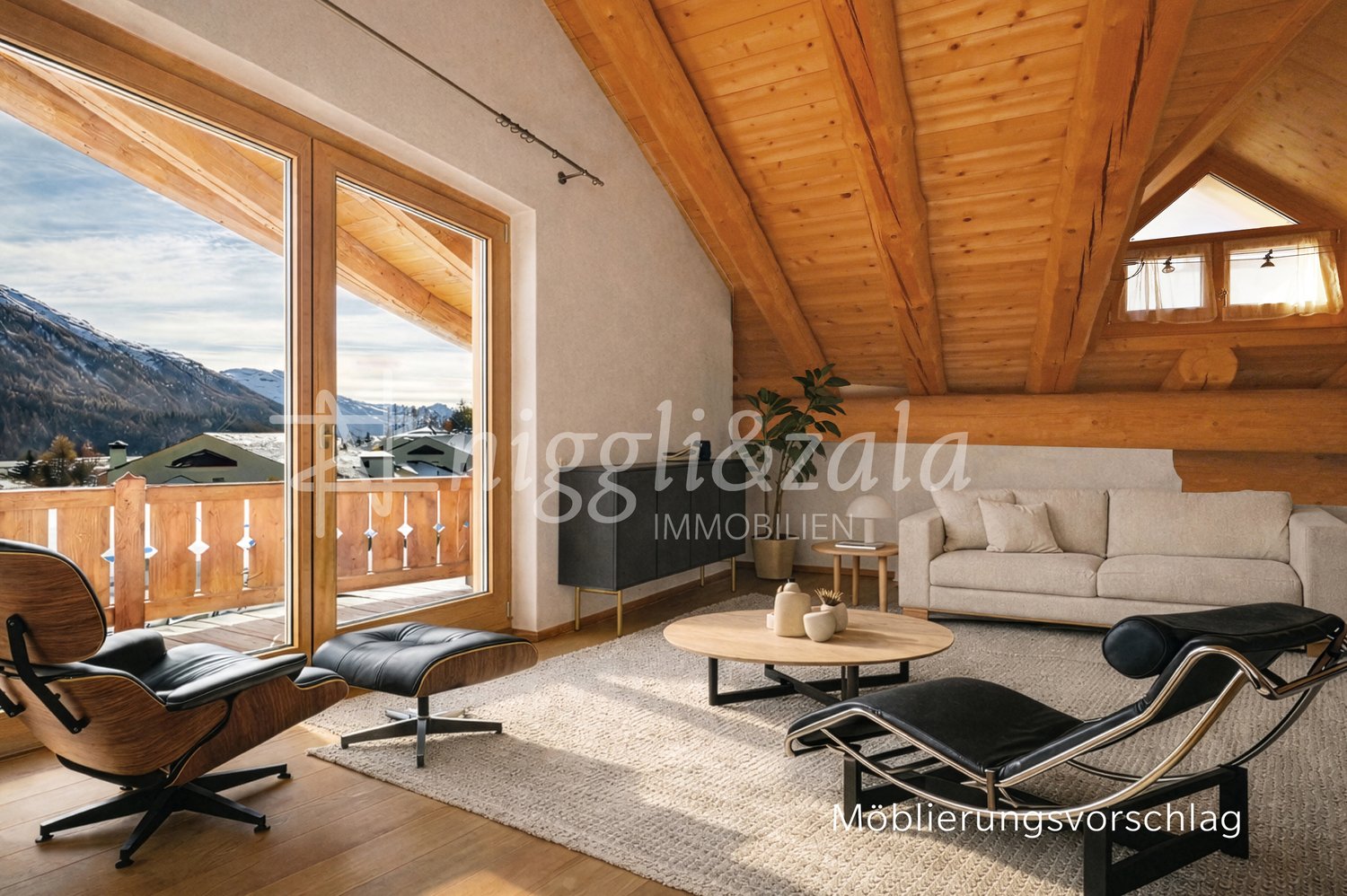 wooden ceiling, large windows, balcony, couch, coffee table, armchairs, rug