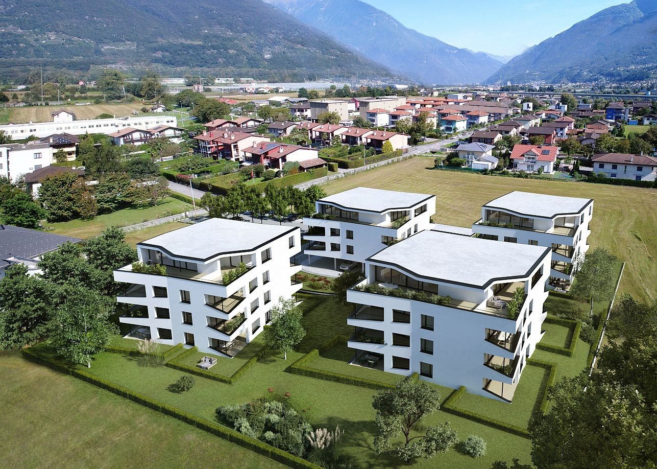 Modern architectural design, large windows, rooftop terraces, surrounded by green grass and trees