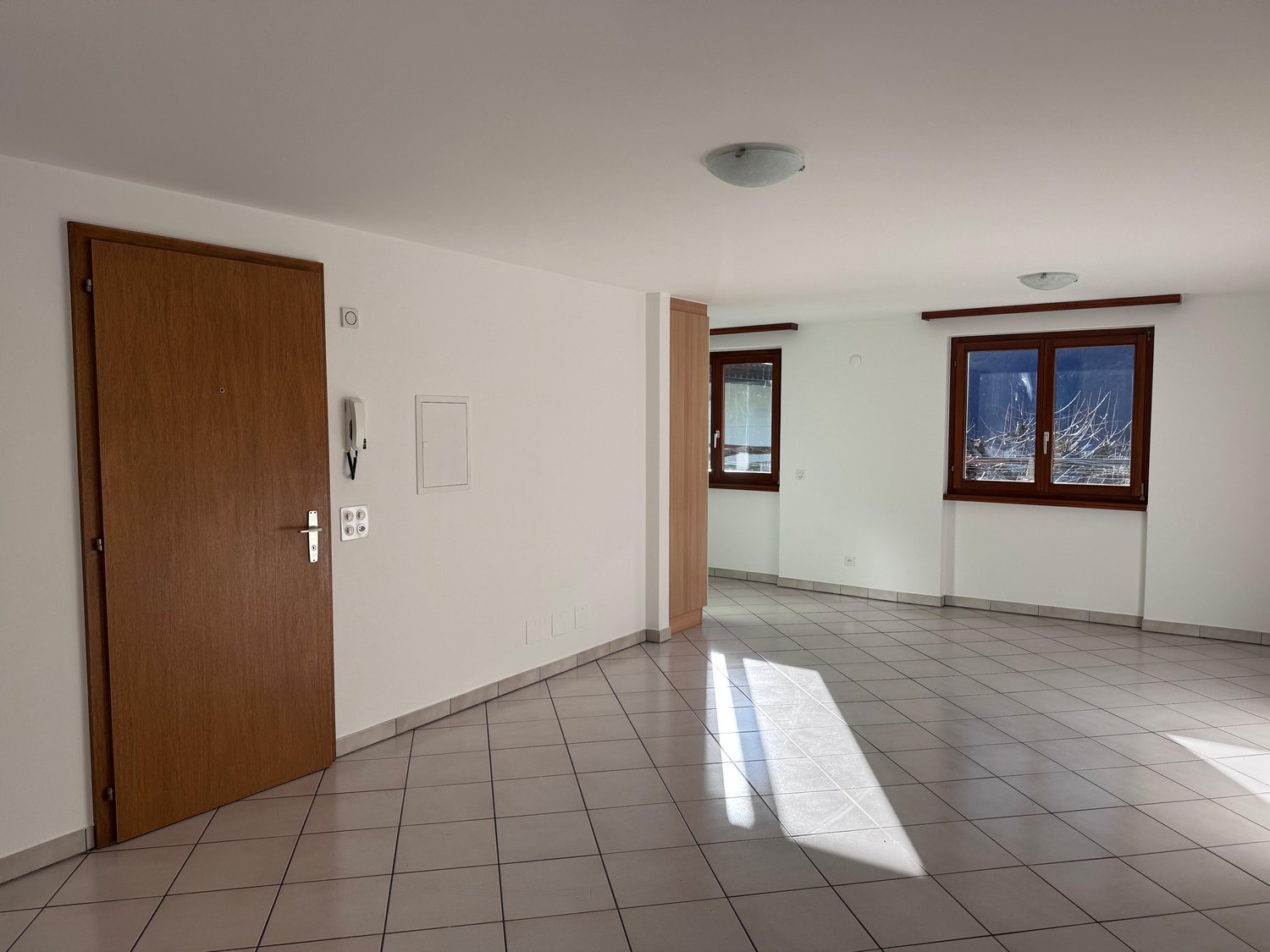 Empty room, white walls, tiled floor, two windows, wooden door, two switches, and telephone mounted on the wall.