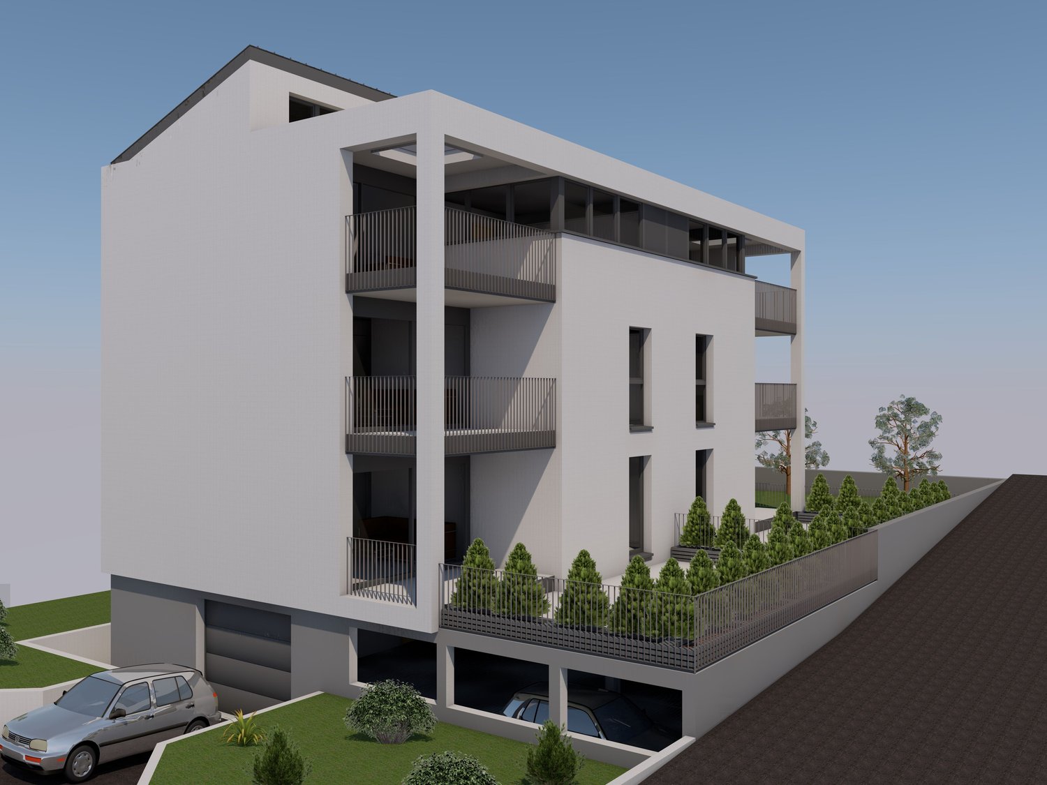 3 story apartment building, white exterior, garage, balcony, parking place