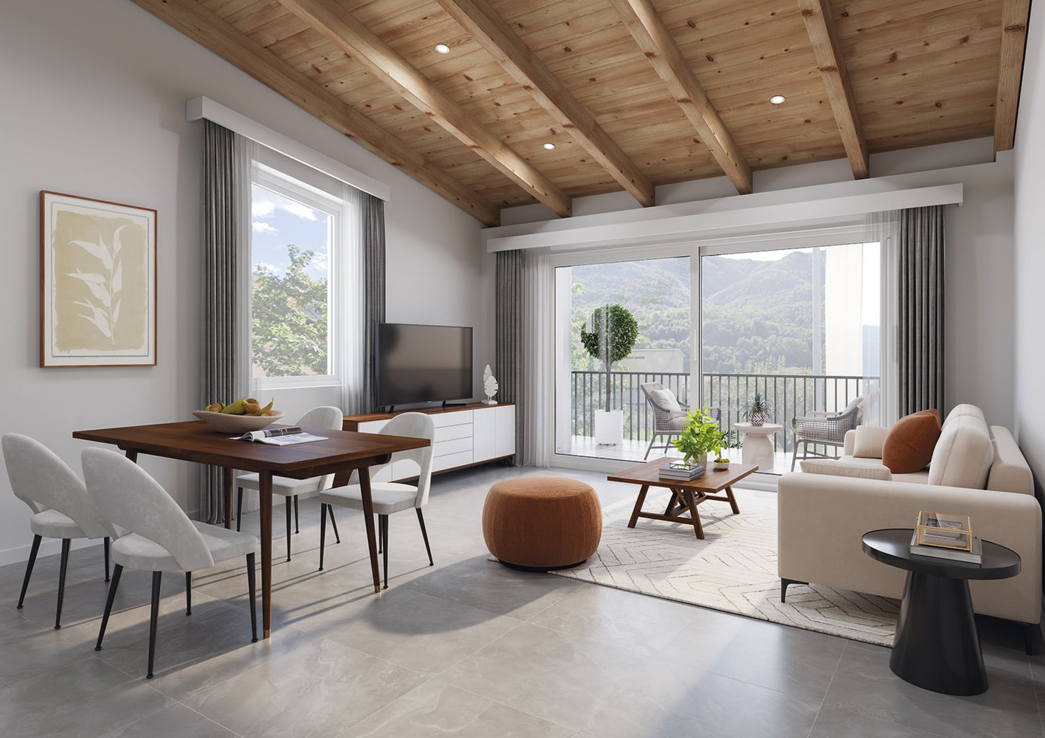 Wooden table, white chairs, brown ottoman, couch, TV, floor to ceiling windows, wooden ceiling, large rug