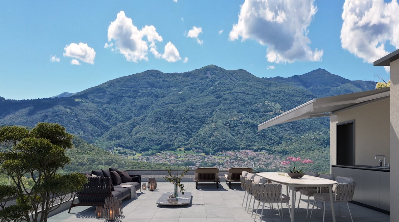 outdoor furniture, plants, panoramic mountain view, dining table, canopy, canopy lamp, fireplace, glass walls