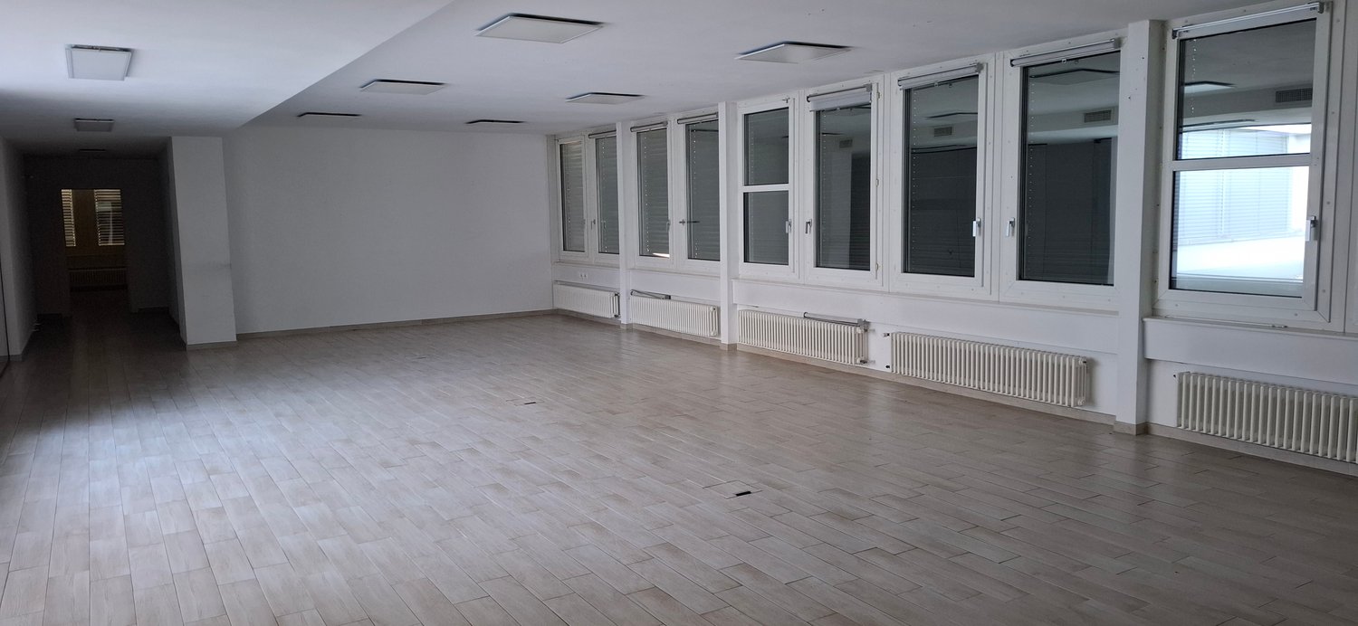 large room with white walls, wooden floors, windows, heating radiators, ceiling lights