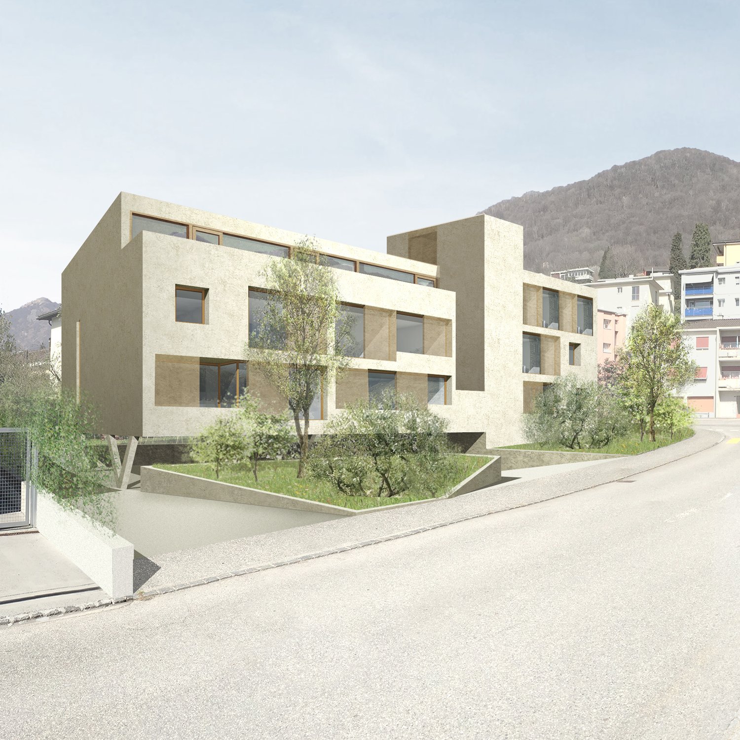modern building, beige, 4 floors, raised ground floor, lots of windows, garden area, street view