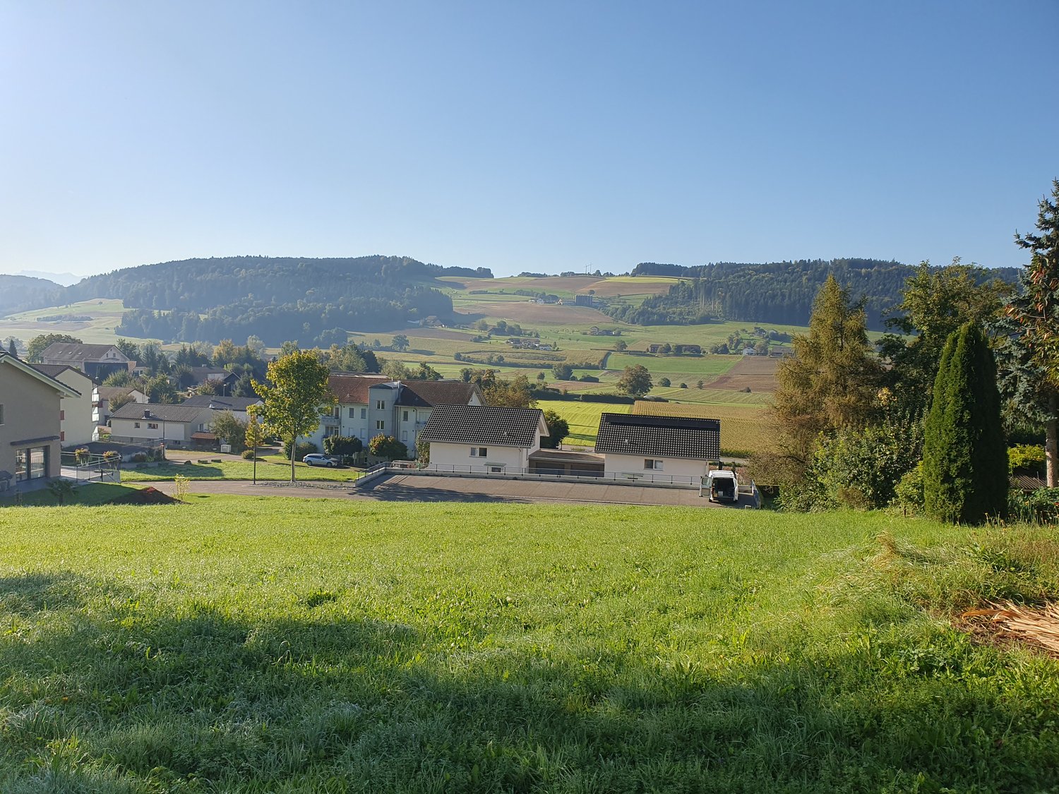 open field, houses in the background, greenery, mountains