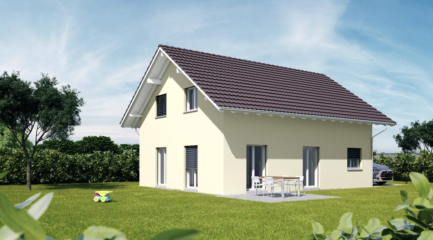 Single-family house, beige exterior, brown roof, large windows, patio with table and chairs, car parked in front