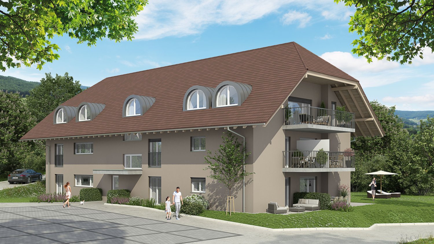 2 story house, brown roof, beige walls, large windows, balconies, parking area, garden, trees