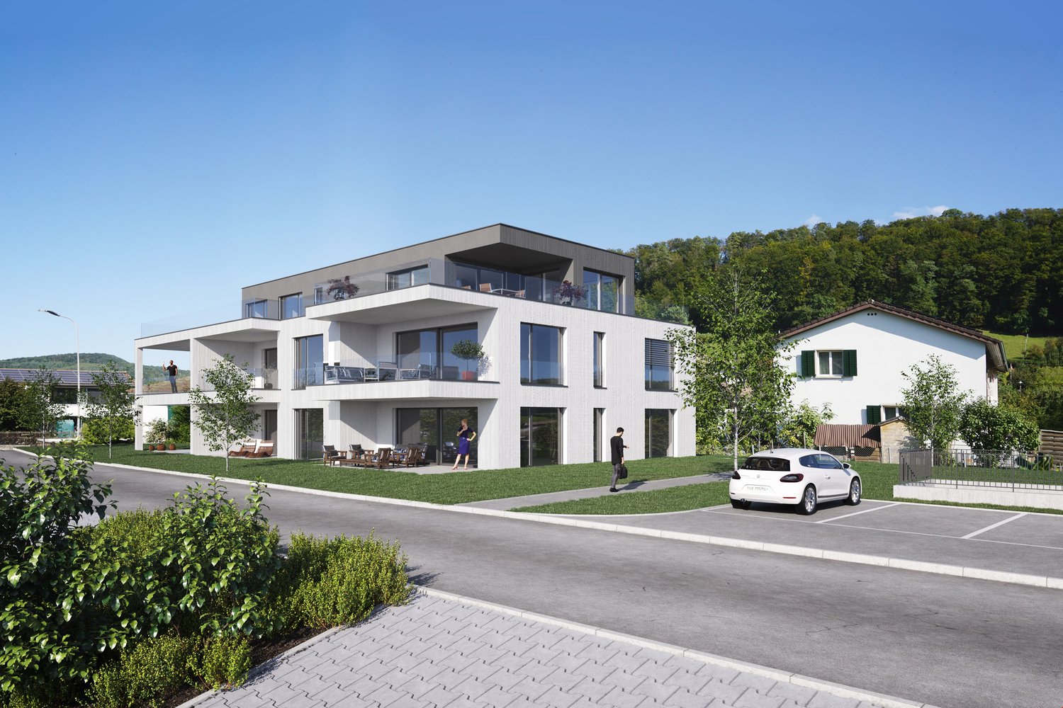 modern white building, 3 floors, balcony, solar panels, parking lot