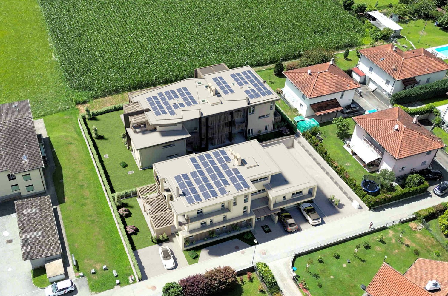 Multi-story residential building with solar panels, multiple parking spots, swimming pool, surrounded by grass