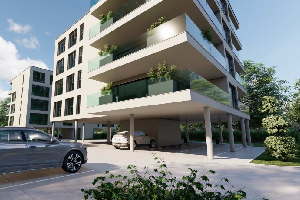 modern apartment building, 4 floors, glass balconies, underground parking, 2 cars parked