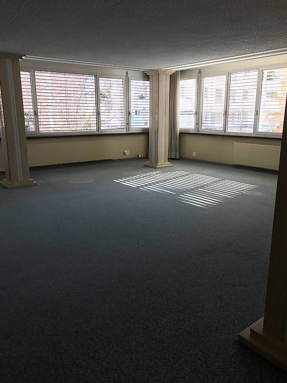 An empty room with carpeted floor, large windows, and two columns in the center.