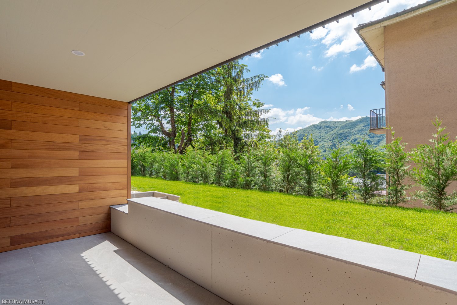 Wooden panels, concrete floor, grassy garden, plants, railing, shadow on floor, distant mountains