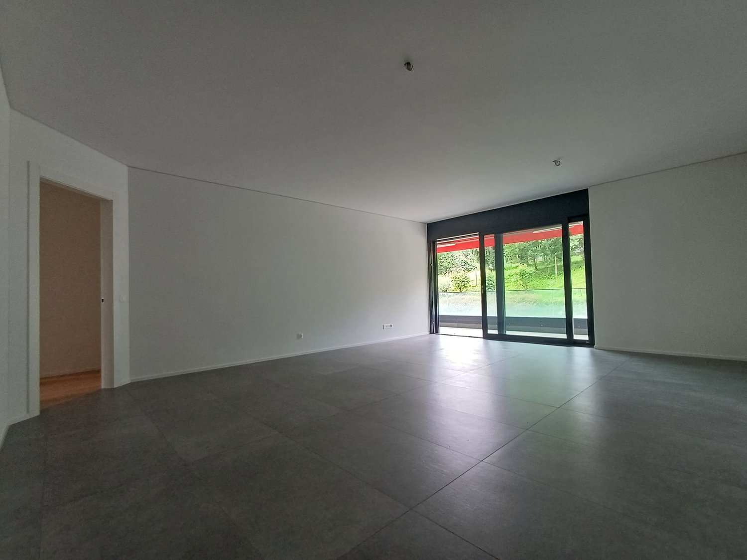 Spacious open-plan living room with large windows overlooking a green outdoor area, hardwood floors, and minimalist decor