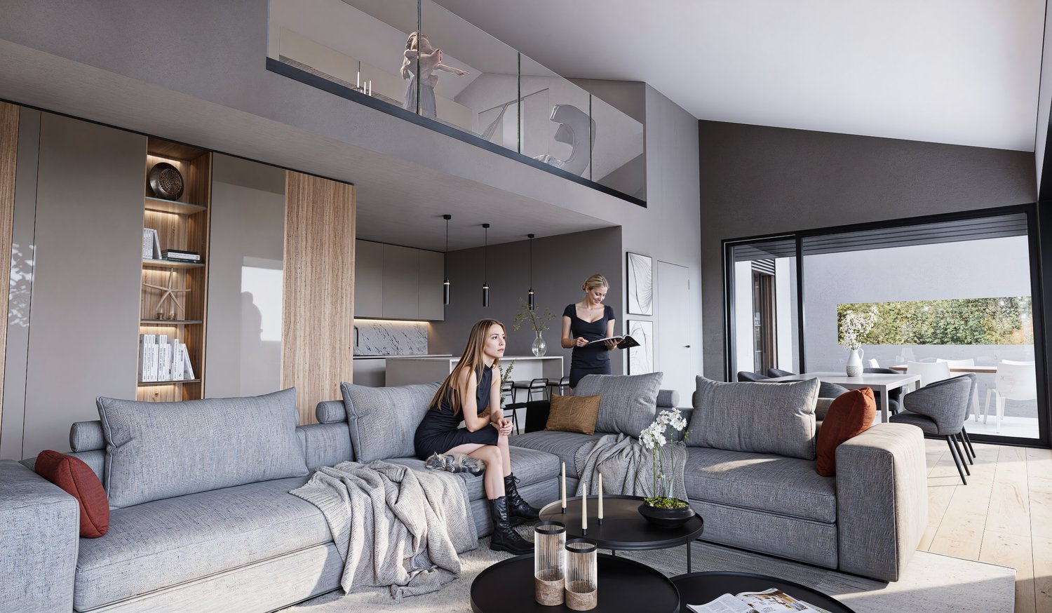 Spacious living room with large gray sectional sofa, wooden shelving unit, pendant lighting, and access to a balcony or terrace through large windows.