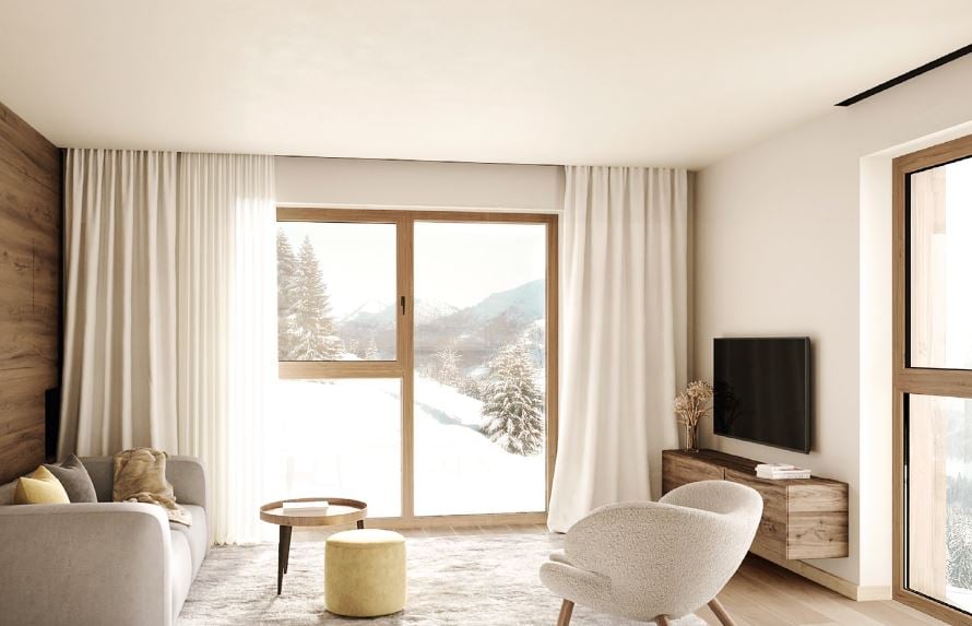 neutral color scheme, large windows, couch, armchair, coffee table, TV, wooden entertainment center, rug