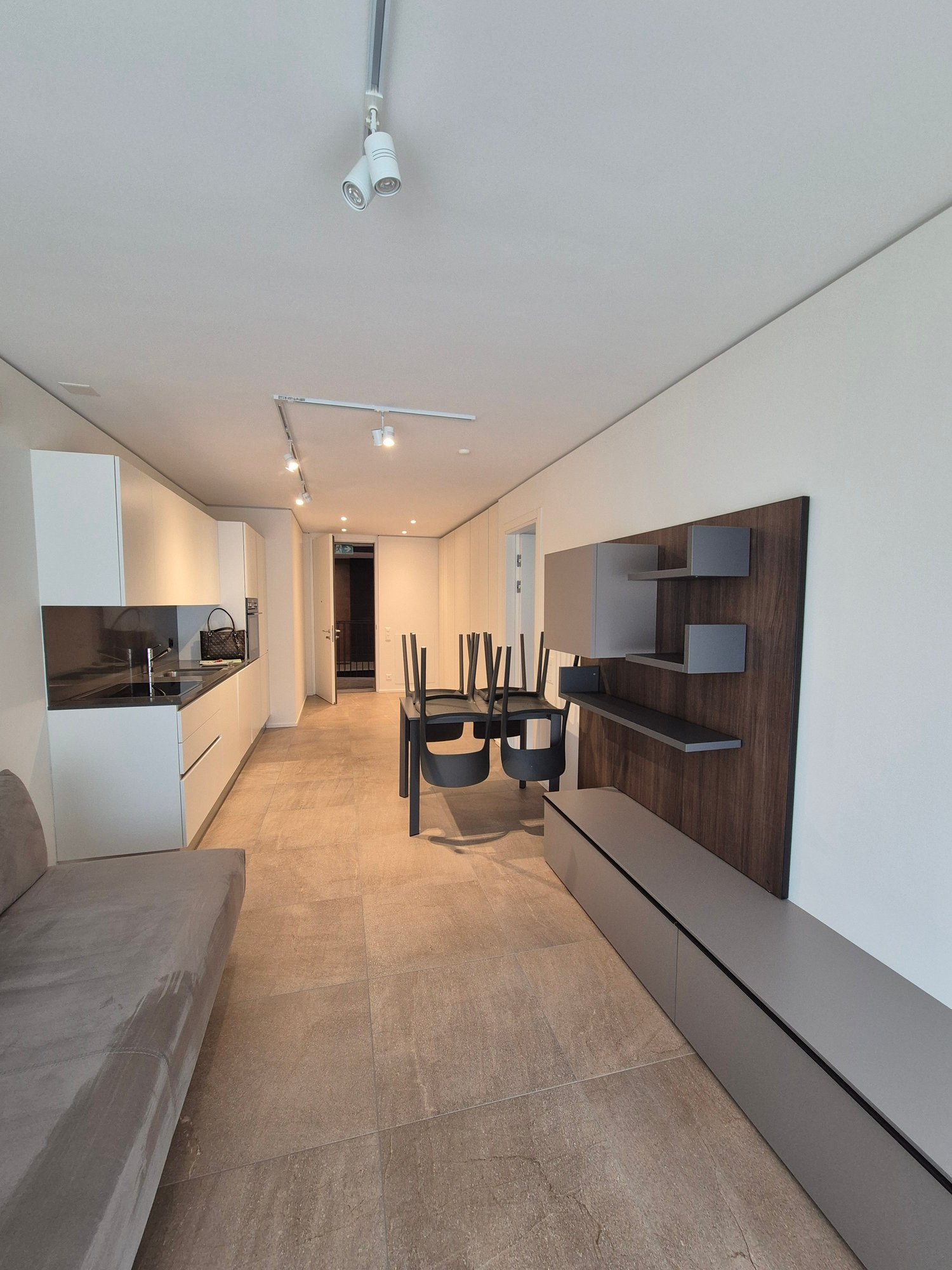 Modern kitchen with a dining area, living room with a couch, and a minimalist interior design