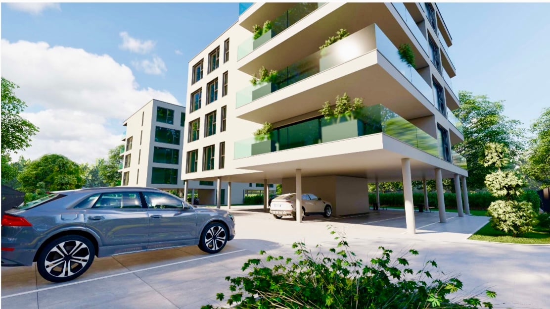 multi-story building, modern design, car parking, balcony, glass windows