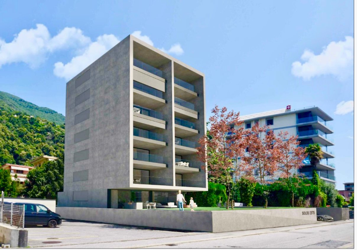 modern residential building with 6 floors, outdoor terraces, glass balconies, underground parking