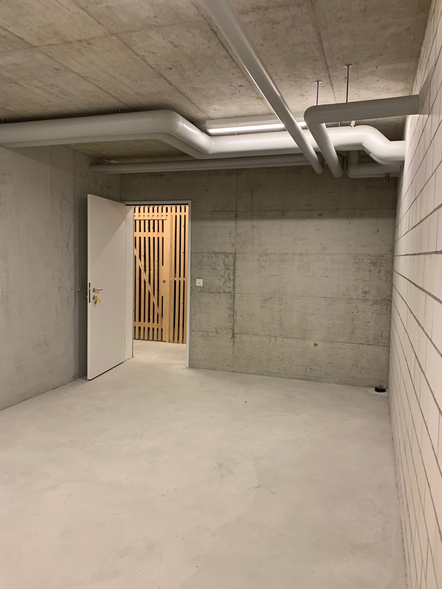 concrete walls, white floor, open door to wooden gate, large room