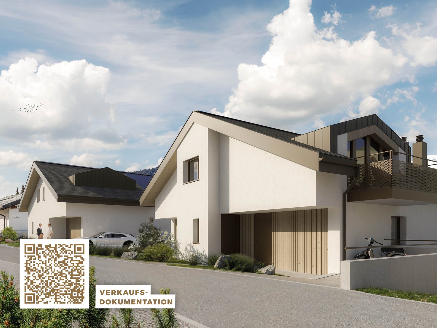 Detached house with two floors, white exterior with grey accents, modern design, balcony, double garage, driveway