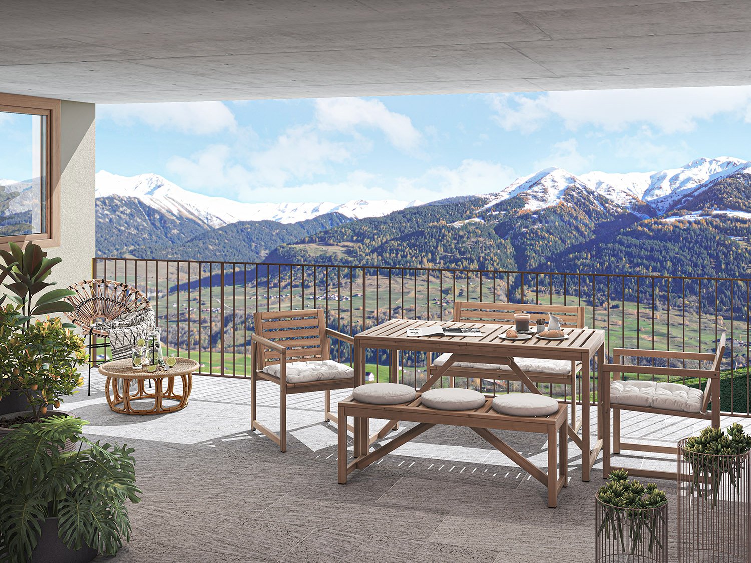 wooden table, bench, chairs, railing, plants, mountains view