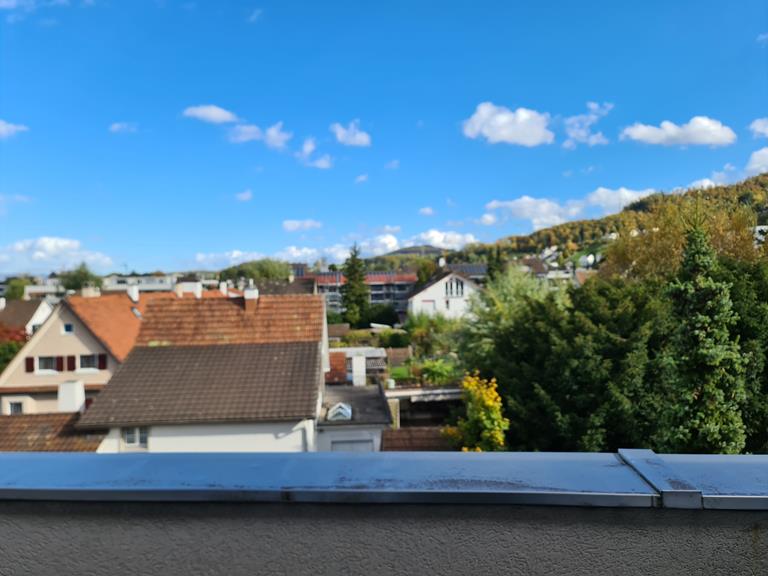 urban landscape, multiple residential buildings, trees, mountains in the distance, blue sky with clouds
