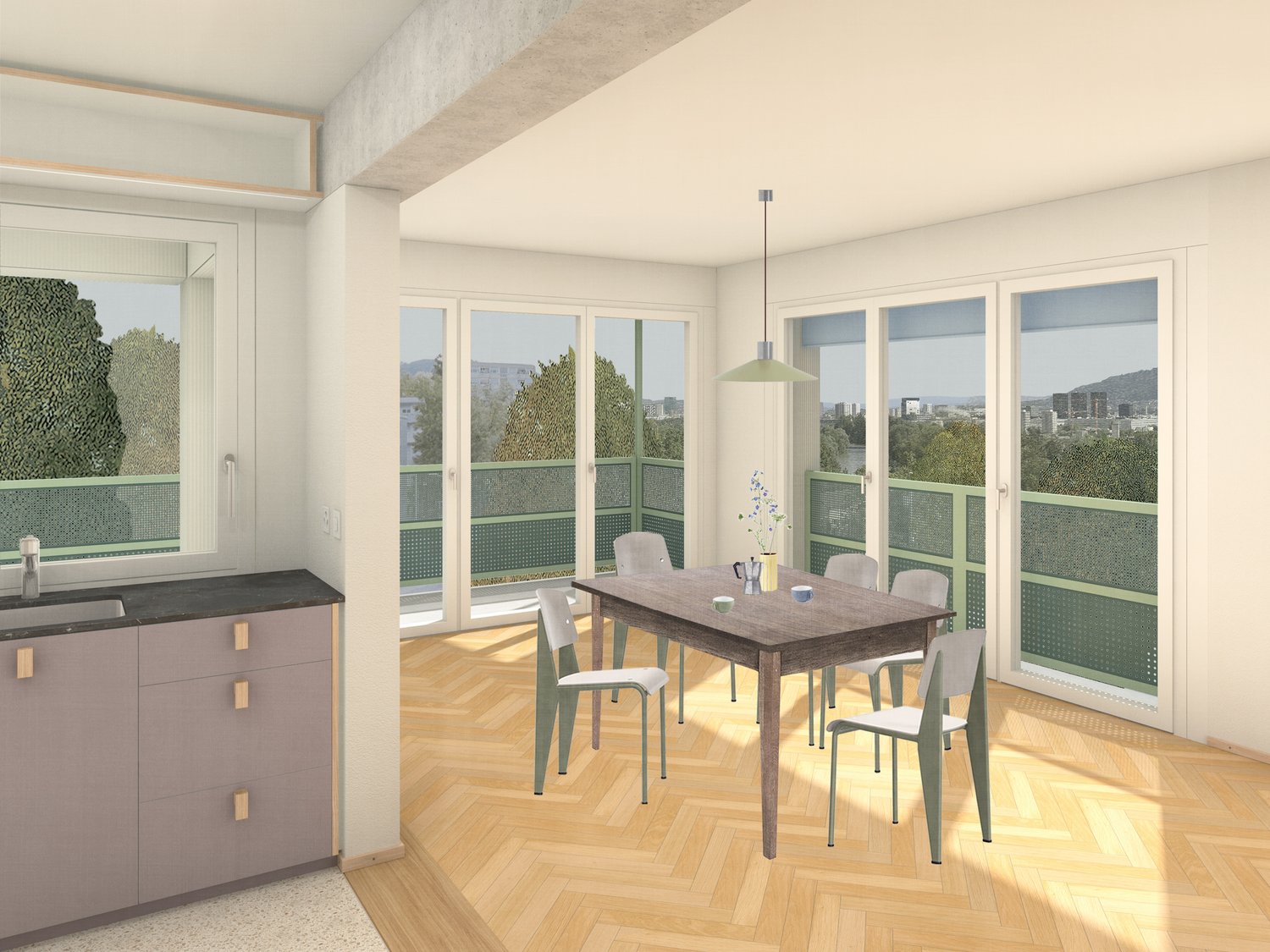 Dining area with wooden table, 4 chairs, glass windows, balcony, parquet floor, pendant light