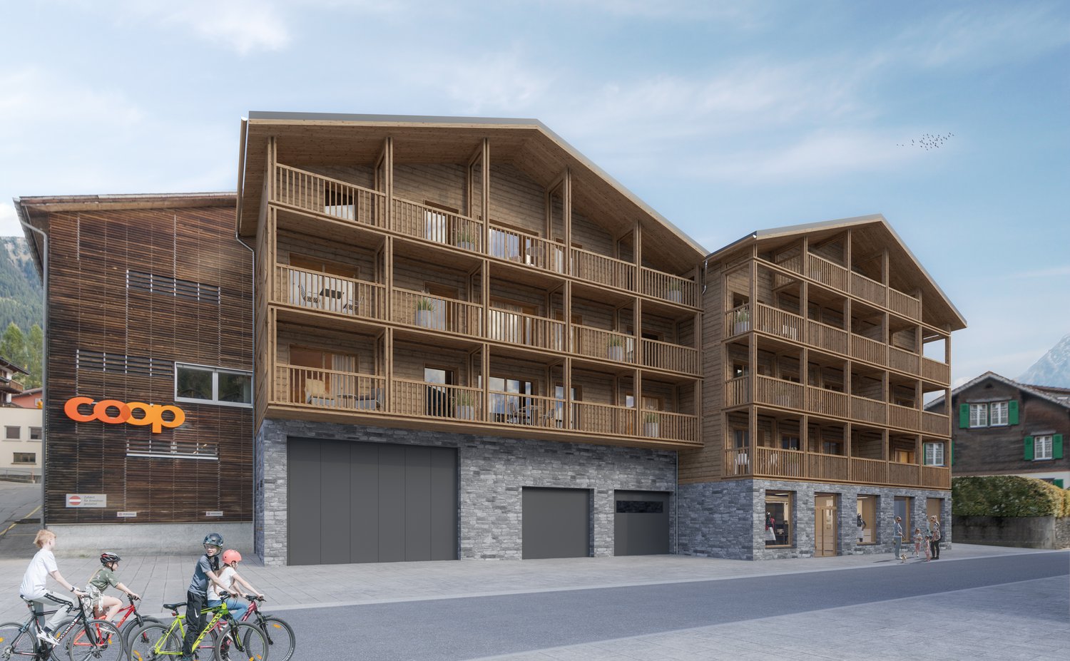 Modern wooden building with multiple floors, balconies, and garages