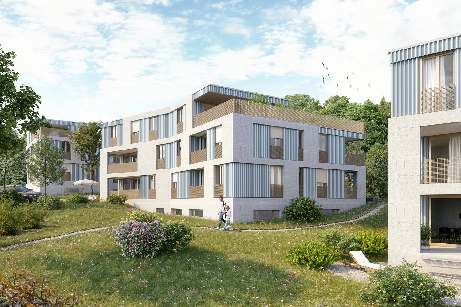 Two story building with ground floor elevation, terraces, large windows, surrounded by plants, two people walking, and a car parked