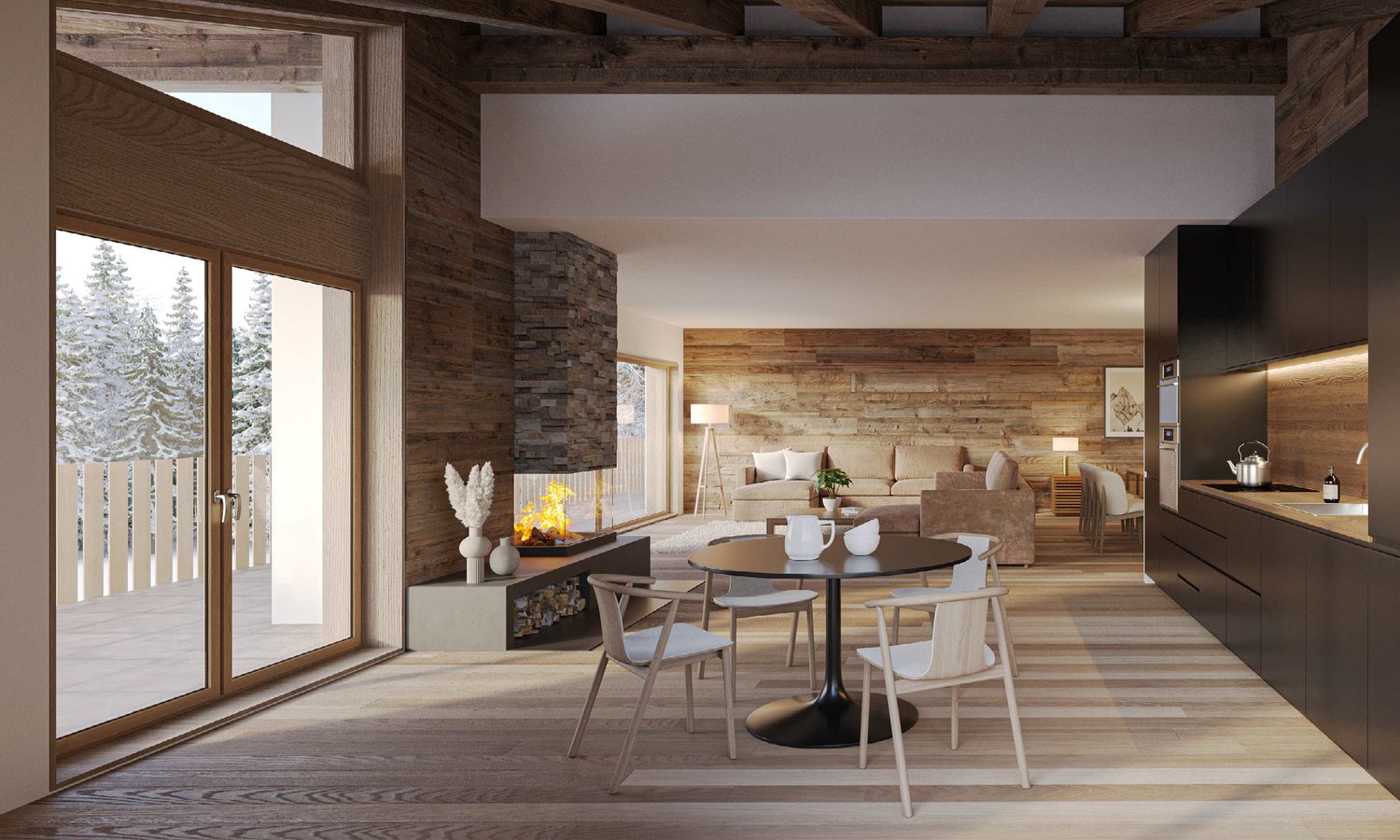 The image shows a spacious open-concept living and dining area with a rustic, modern design. The room features large windows overlooking a snowy forest landscape, wooden walls and beams, a stone fireplace, a round dining table with chairs, and a comfortab