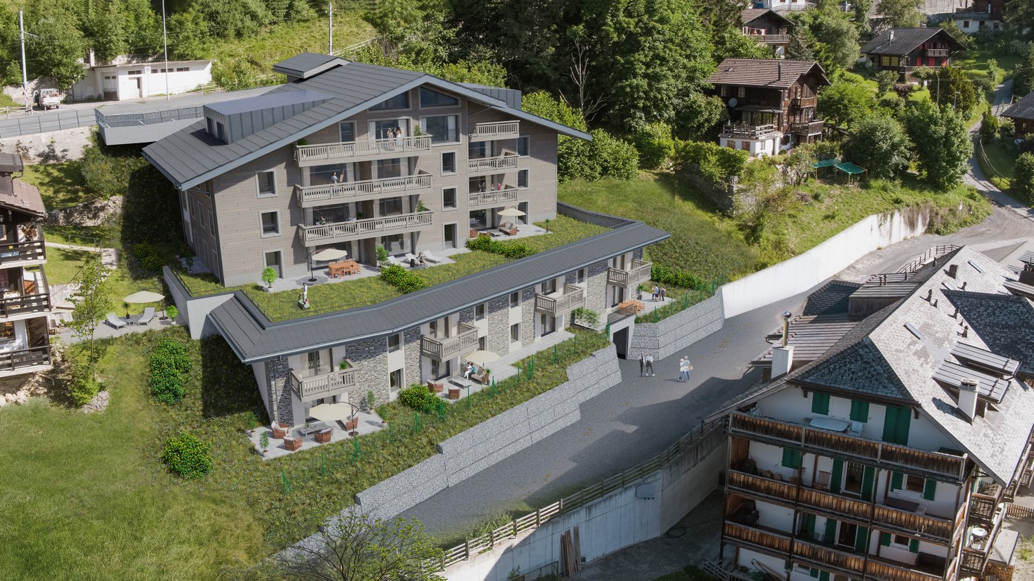 3 story building, balconies, several windows, outdoor dining tables, landscaped roof, green space, walkway