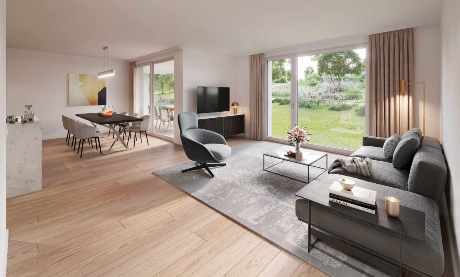 Spacious open-plan living area with hardwood floors, large windows overlooking a garden, a dining table, a sofa, and a TV stand. The room has a modern and minimalist design with neutral colors and natural lighting.