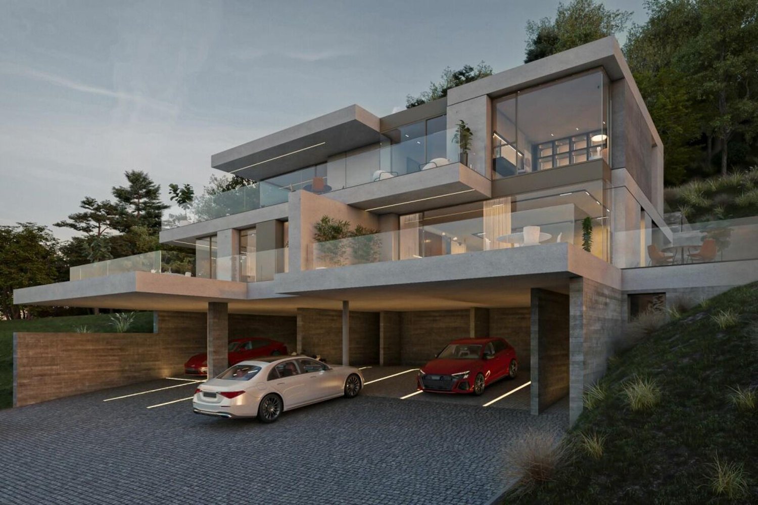 modern 2 story house, glass balconies, open parking, two cars parked, trees in the background