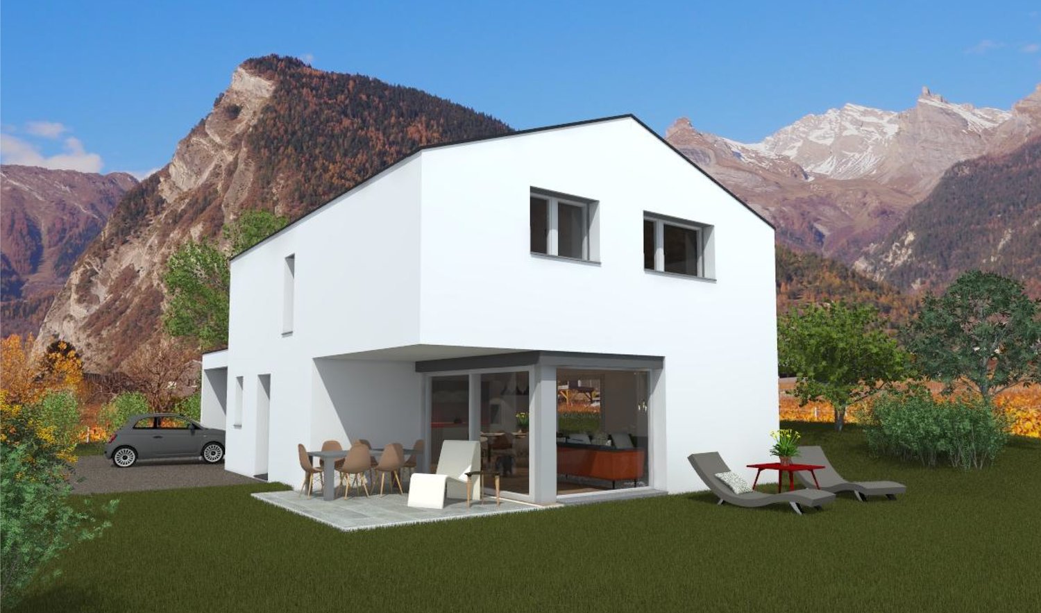 modern white house, 2 stories, double garage, large windows, dining table, chairs, grass, mountains in the background