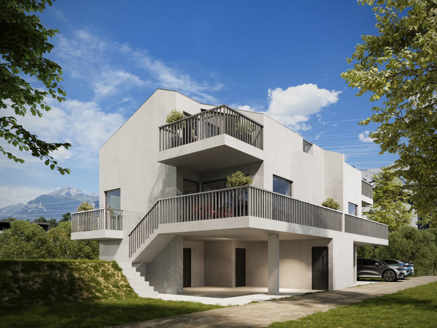 Modern, two-story white house with multiple balconies, glass doors, and a double car garage.
