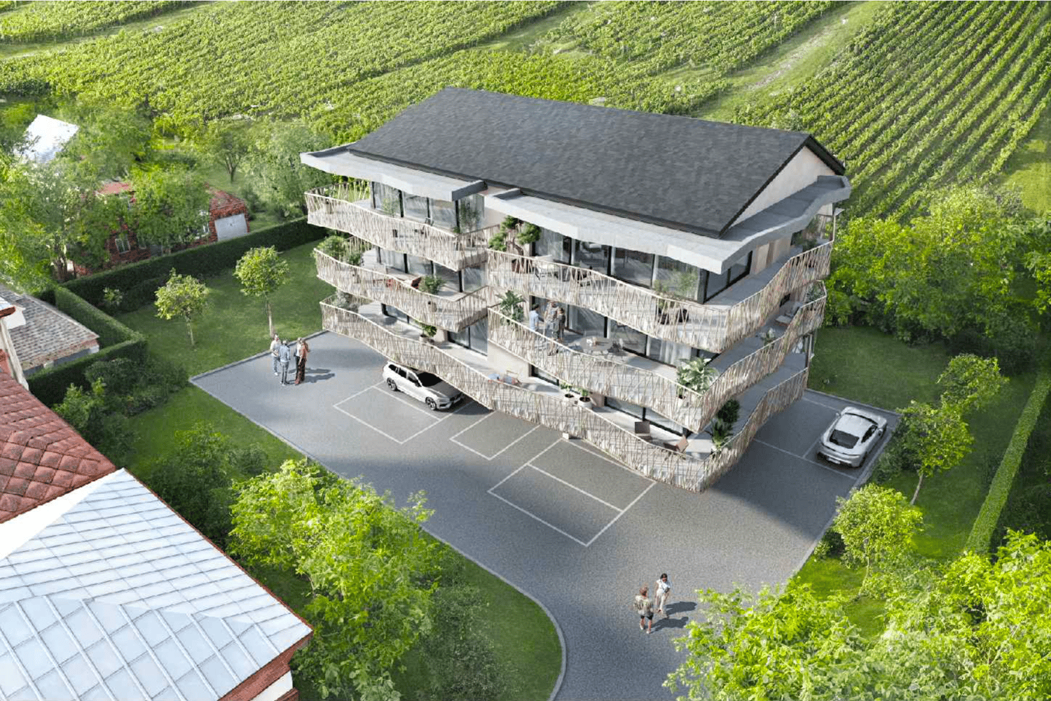 3 story building, balconies, parking lot, terraced building