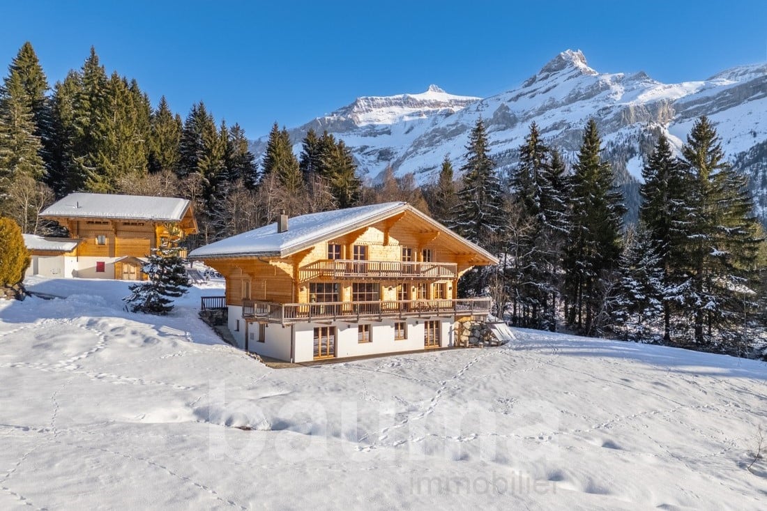 Wooden chalet-style house with balconies, surrounded by snow-covered pine trees and mountains in the background