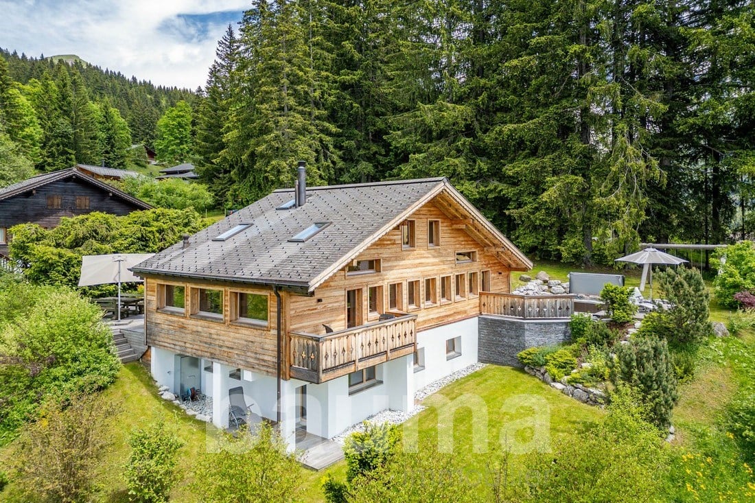 Modern log cabin house, wooden exterior, gray roof, large balcony, surrounded by greenery, open grassy areas, trees, garden, outdoor seating area, paved driveway, multiple windows, small annex building