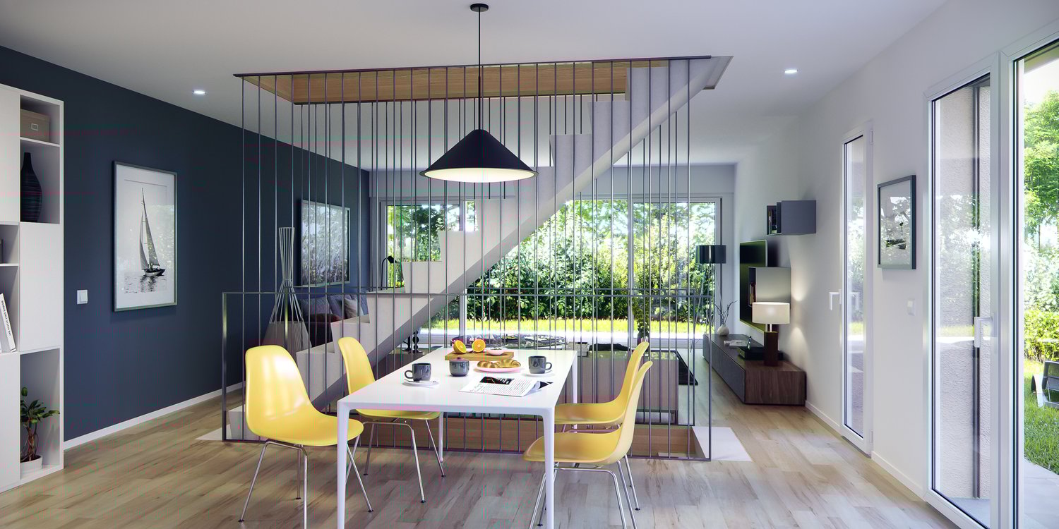 Open-concept living and dining area with large windows overlooking a garden, hardwood floors, black metal and wood staircase, white dining table with yellow chairs, black pendant light fixture