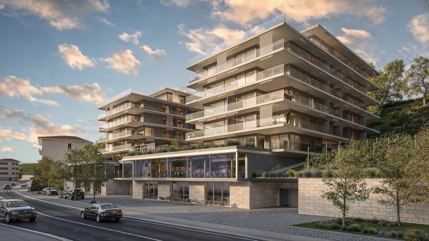 Multi-story apartment building with modern, angular design featuring balconies and terraces, ground-level retail space, and parking area in front