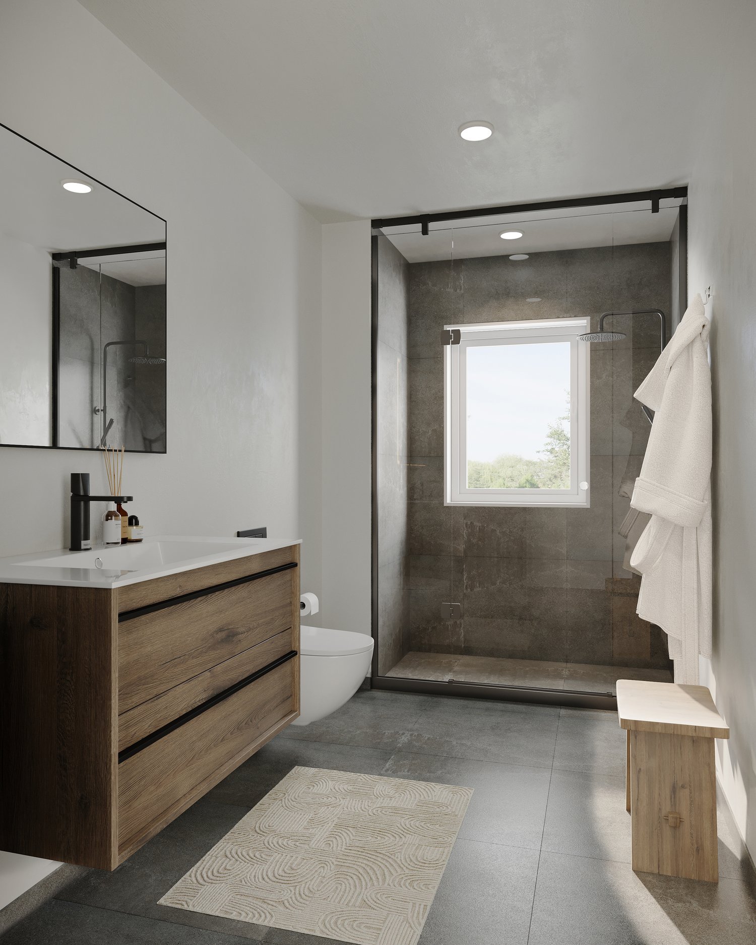 modern bathroom, white countertop, wooden cabinet, glass shower, wooden bench, tiled floor