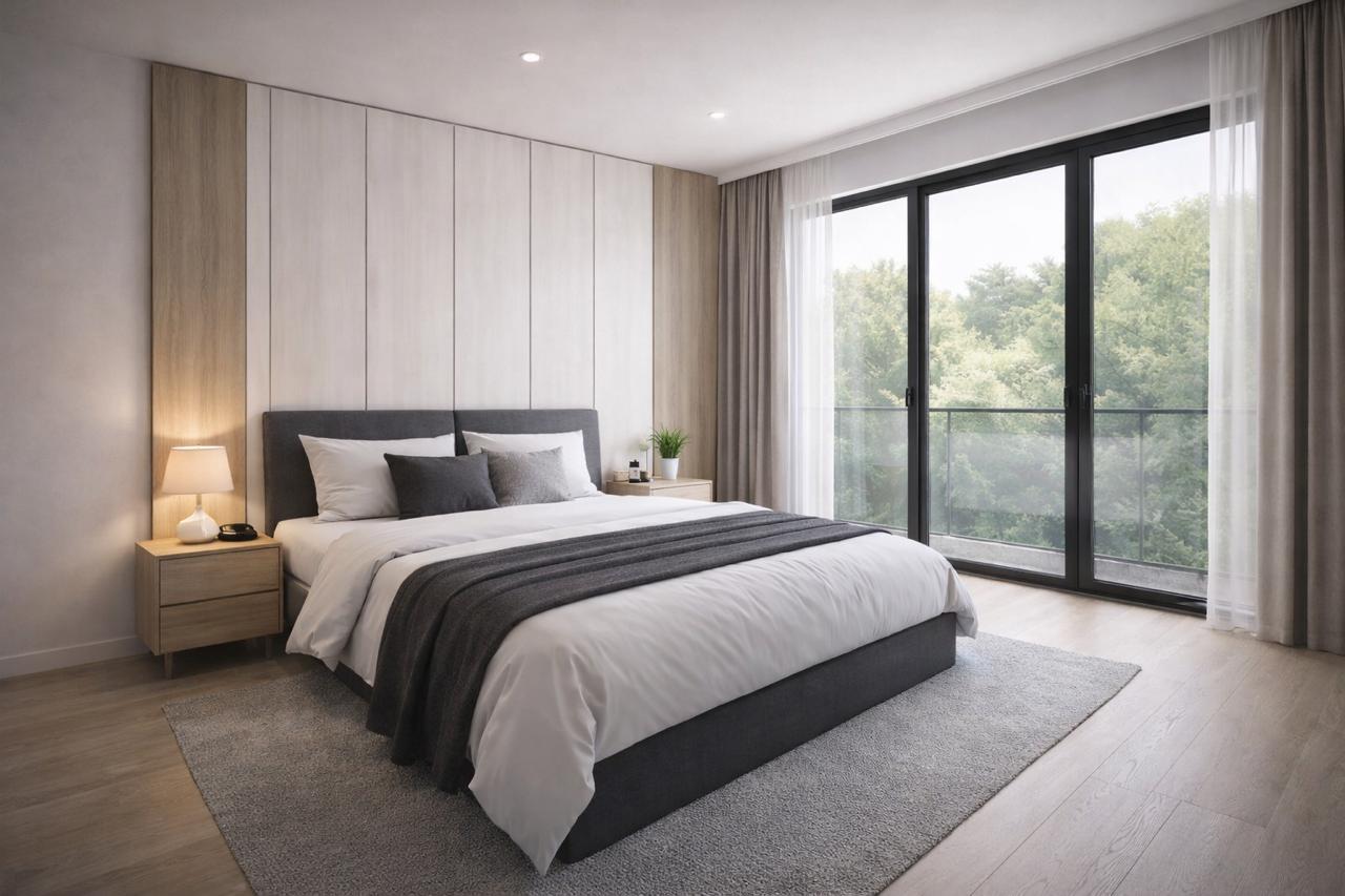 modern bedroom with gray carpet, wooden bed, two nightstands with lamps, large window with balcony access, potted plants, and a curtain